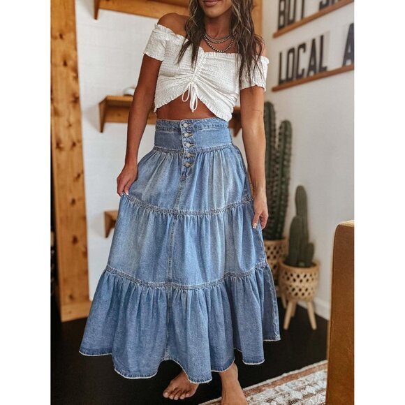 Elegant Tiered Ruffle A-Line Denim Skirt with Button Fly - Women's Size L - Picture 6 of 6